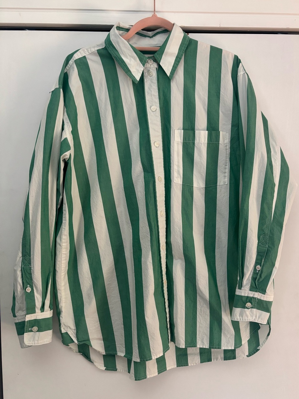 Boden Sadie relaxed button up 100% green white striped cotton collared shirt